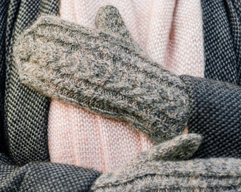 Alpaca mittens, Gray plain women cable knit wool winter mittens, Soft beige men hand knitted mohair gloves, Grey warm woolen chunky mittens