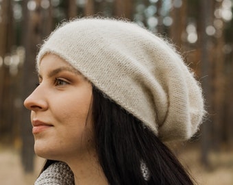 Off-White, Slouchy-Mütze aus Wolle, Alpaka-Mütze für Damen, Beanie aus Alpaka-Wolle, übergroße Beanie, Alpaka-Mütze, Slouch-Mütze, Damen-Mütze