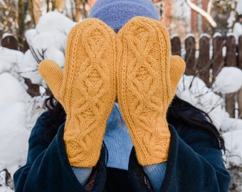 Alpaca mittens, Ready to ship, Yellow hand knit women wool gloves, Cable knitted winter mittens, Soft chunky men gloves, Warm woolen gloves