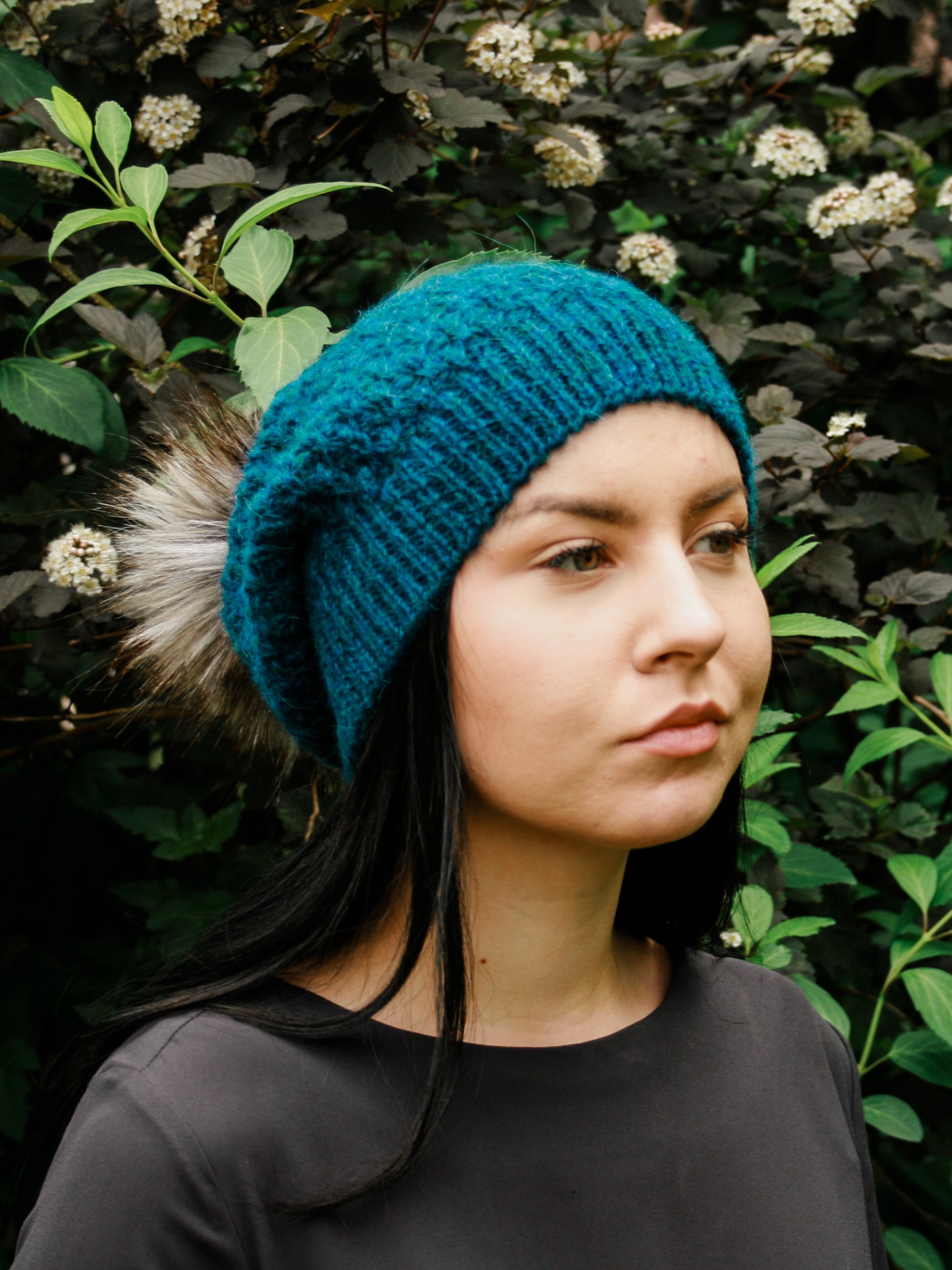 Slouchy Faux Fur Pom Pom Hat Chunky 
