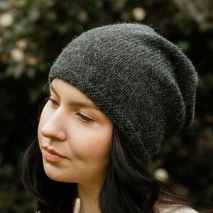 Dark grey alpaca wool beanie. Slouchy oversized beanie for women. Chunky knit hat. Cuffed men's summer, winter cap. Hand knitted beanie image 3