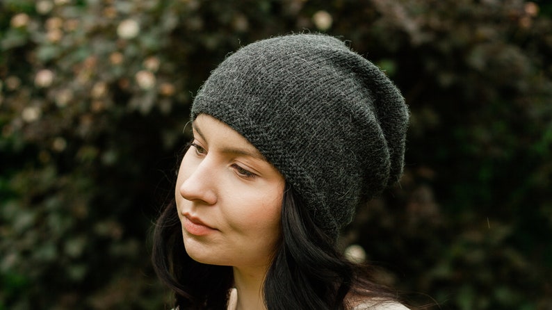 Dark grey alpaca wool beanie. Slouchy oversized beanie for women. Chunky knit hat. Cuffed men's summer, winter cap. Hand knitted beanie image 3