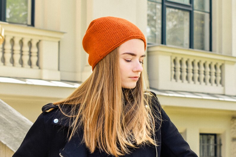 Slouchy hat, Soft chunky knit winter hat women, Warm hand knitted alpaca cap, Baggy light summer beanie men, Large slouch orange hat wool image 3