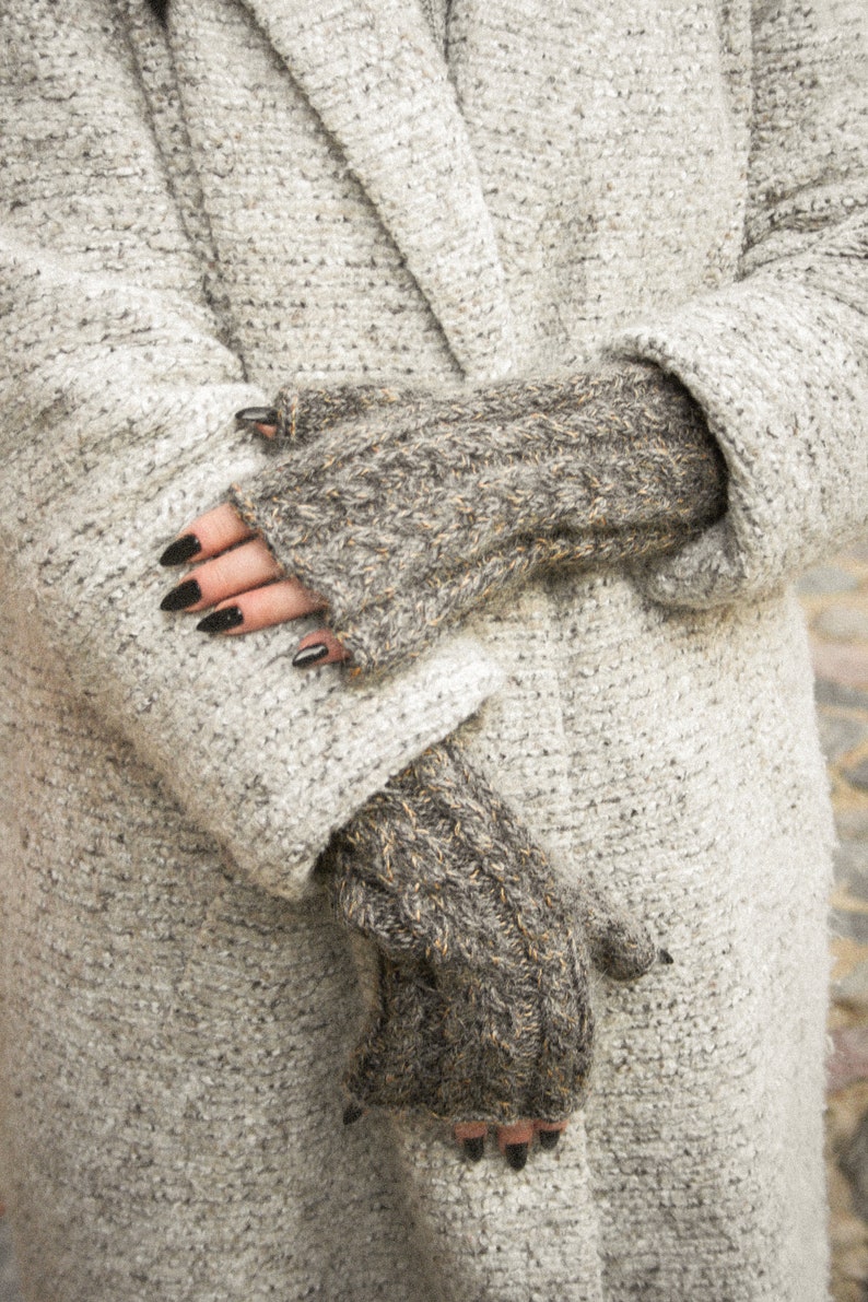 Gray beige alpaca fingerless gloves, Chunky cable knit hand warmers, Hand knitted women's winter mittens, Grey fall mohair wool arm warmers image 3