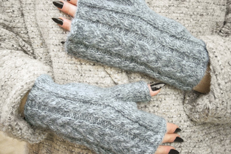 Women's Fingerless Gloves, Knitted Alpaca Mittens, Mohair Gloves, Cable Knit Hand Warmers, Chunky Wool Arm Warmers, Winter Wrist Warmers image 10