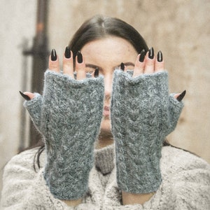 Women's Fingerless Gloves, Knitted Alpaca Mittens, Mohair Gloves, Cable Knit Hand Warmers, Chunky Wool Arm Warmers, Winter Wrist Warmers image 5