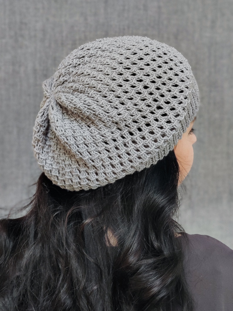 Lace knit merino wool cap women Big hand knitted summer tam cotton Soft baggy spring woolen toque Slouchy beanie Large grey boho hat