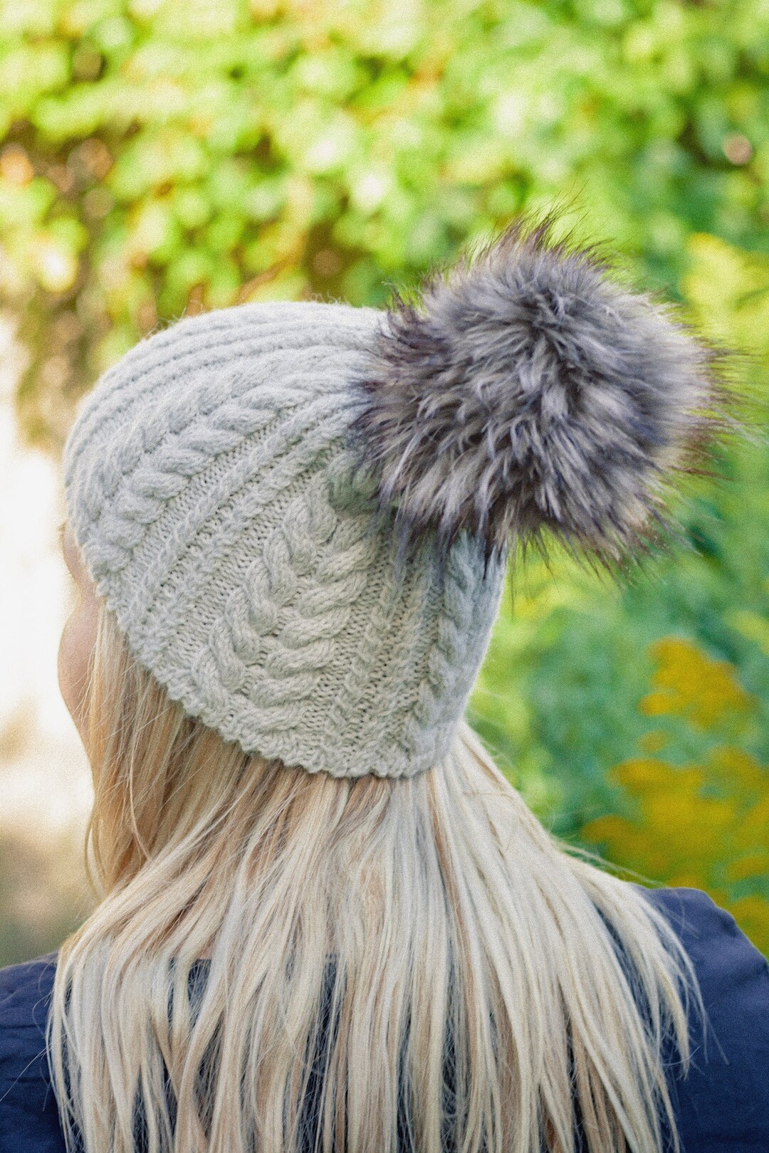 Pom Pom Hat, Braided Alpaca Wool Beanie, Gray Faux Fur Pom  display picture 2
