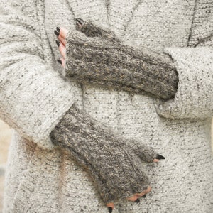 Gray beige alpaca fingerless gloves, Chunky cable knit hand warmers, Hand knitted women's winter mittens, Grey fall mohair wool arm warmers image 1