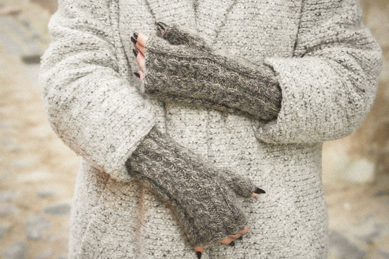 Gray beige alpaca fingerless gloves, Chunky cable knit hand warmers, Hand knitted women's winter mittens, Grey fall mohair wool arm warmers image 1
