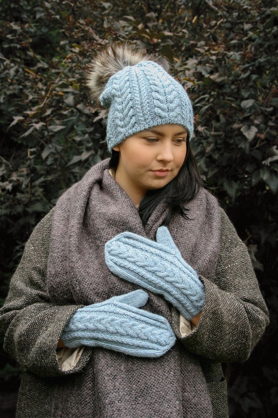 Alpaca Mittens Blue Chunky Knit Cable Women Wool Gloves - Etsy