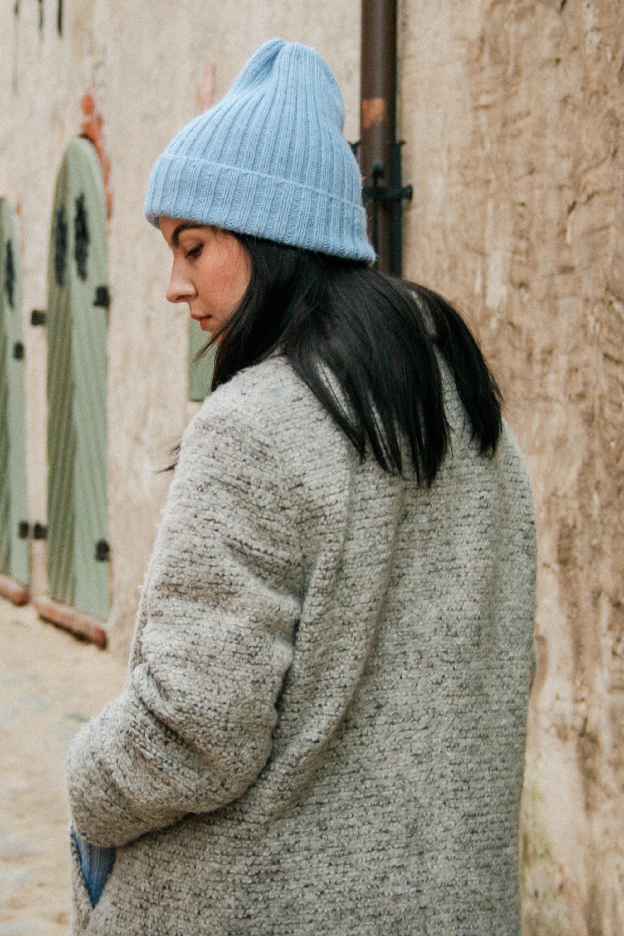 Cuffed Blue Alpaca Beanie, Woolen Warm Women's Winter Cap