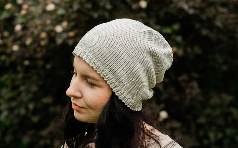 Lightweight, breathable cotton beanie. Slouchy grey hand knitted beanie for women, men. Gray thin knit spring, summer, fall hat image 4