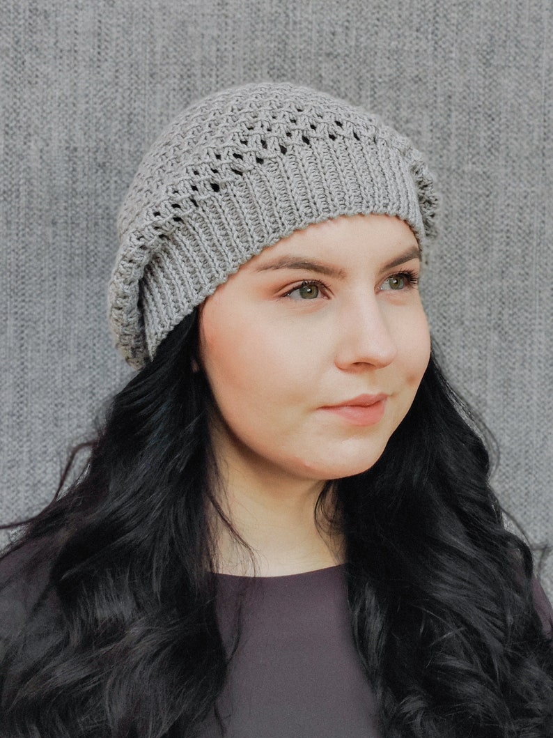 Lace knit merino wool cap women Big hand knitted summer tam cotton Soft baggy spring woolen toque Slouchy beanie Large grey boho hat