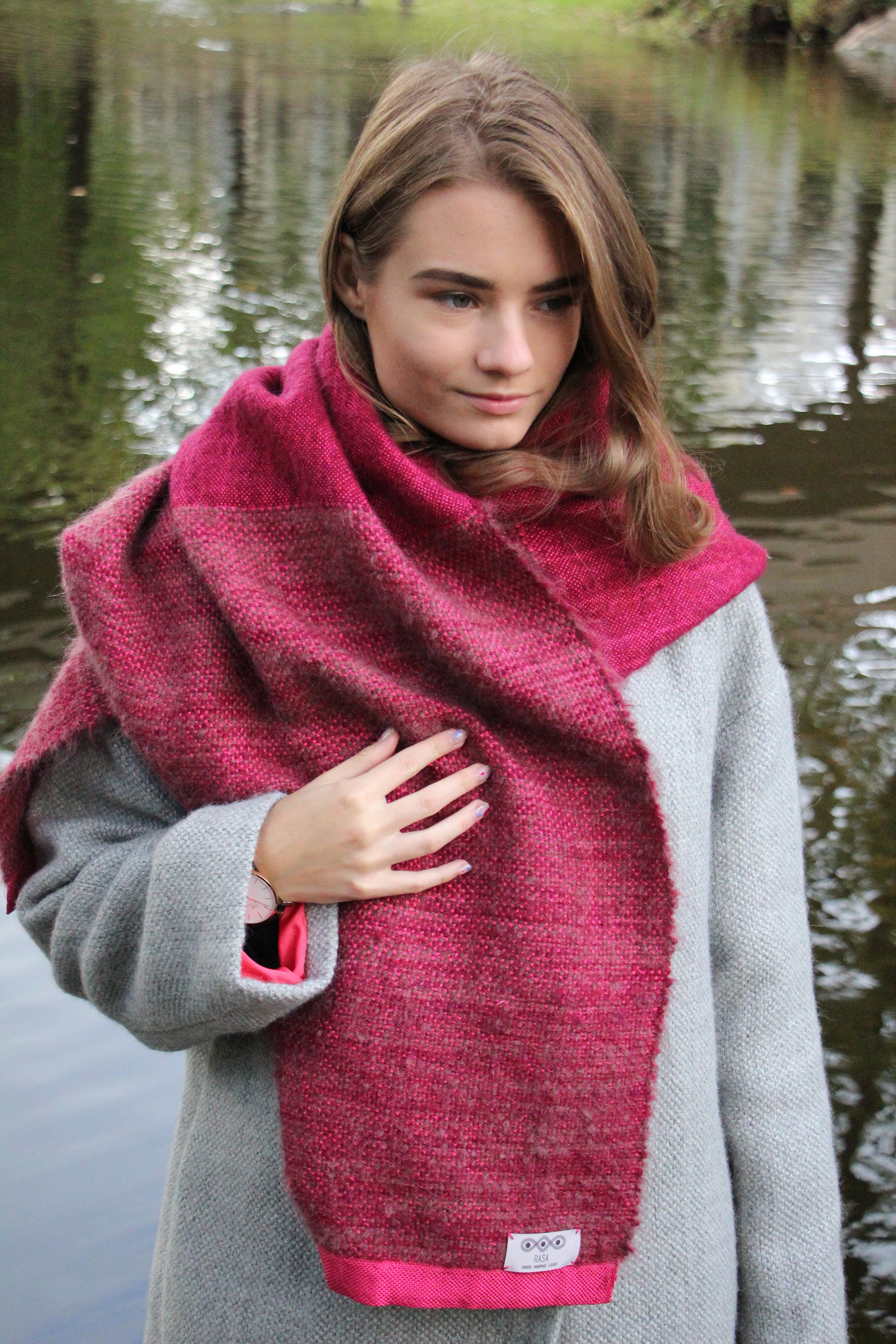 Oversized Scarf Beige, Light Brown and Off-White Wool and Mohair Blend