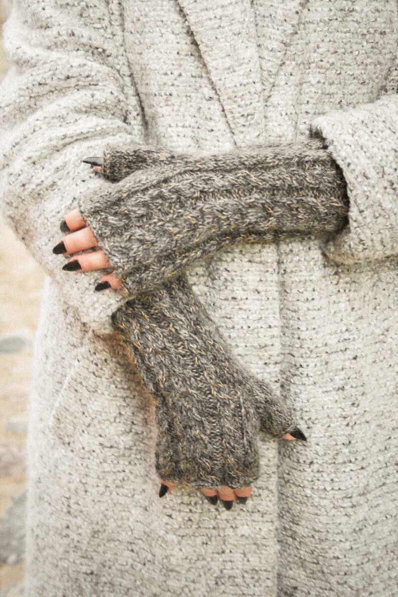 Gray beige alpaca fingerless gloves, Chunky cable knit hand warmers, Hand knitted women's winter mittens, Grey fall mohair wool arm warmers image 2