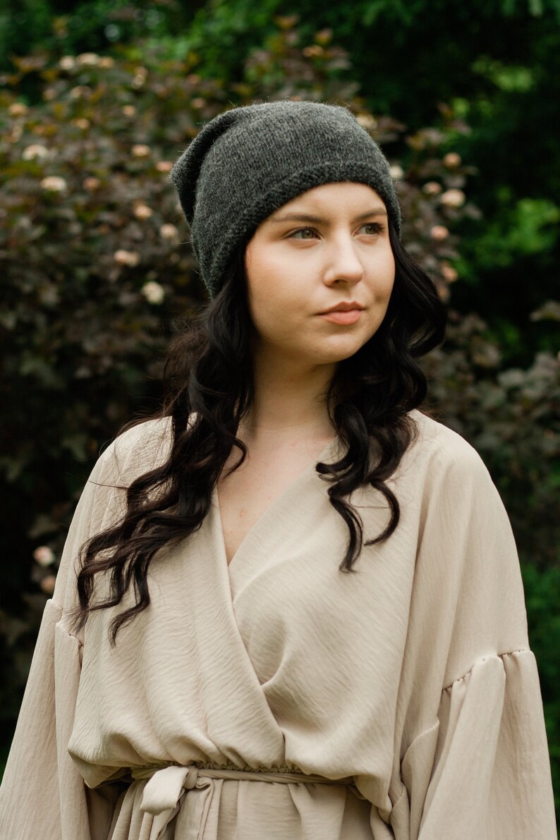 Dark grey alpaca wool beanie. Slouchy oversized beanie for women. Chunky knit hat. Cuffed men's summer, winter cap. Hand knitted beanie Dark gray