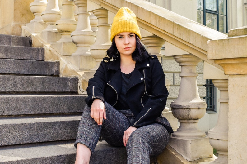 Yellow Cuffed Merino Beanie, Hand Knitted Beanie Women's, Classic Rib Knit Hat, Wool Hat Men's, Slouchy Fisherman's Beanie, Long Trawler Beanie