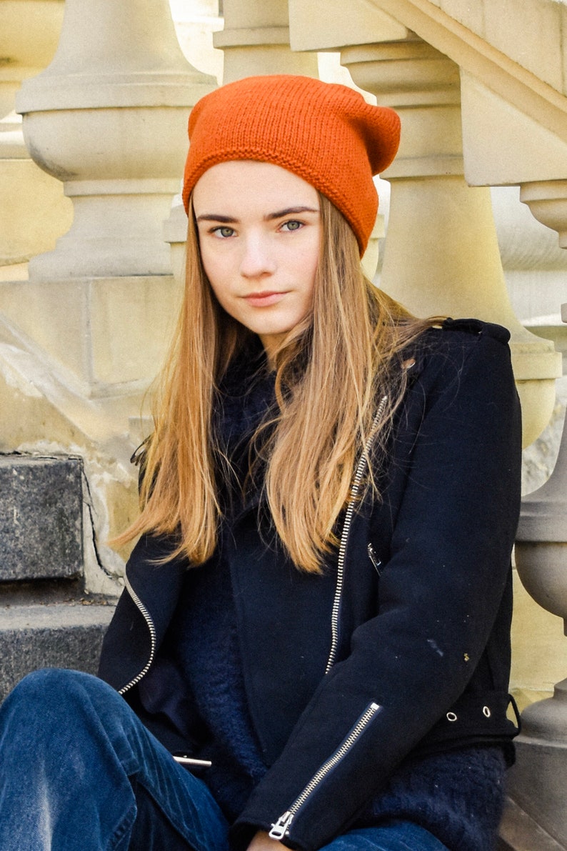 Slouchy hat, Soft chunky knit winter hat women, Warm hand knitted alpaca cap, Baggy light summer beanie men, Large slouch orange hat wool image 5