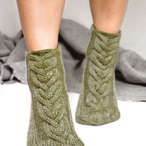 Slipper socks, Chunky cable socks, Hand knit bed socks, Low cut house socks, Women's wool socks, Knitted home slippers, Winter leg warmers image 2