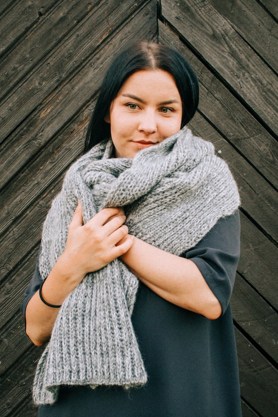 Oversized Wool Stole Ribbed Knit Shawl Chunky Fall Scarf Wide