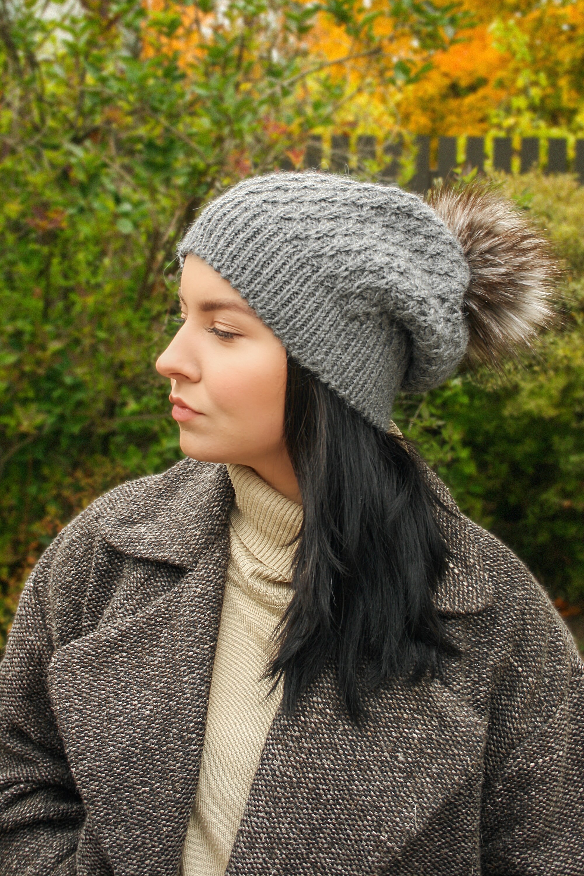 Village House Faux Fur Hat Wool Blend Gray Beanie Pom Pom One Size Poland Winter Bayka Trapper Hat - Forests, Tides, and Treasures main image 4