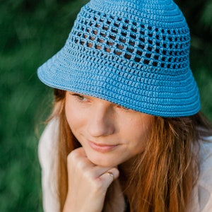 Cotton summer hat with brim, Hand crochet bucket hat, Crochet sun hat for women, Handmade cotton beach hat, Cotton bucket hat Denim