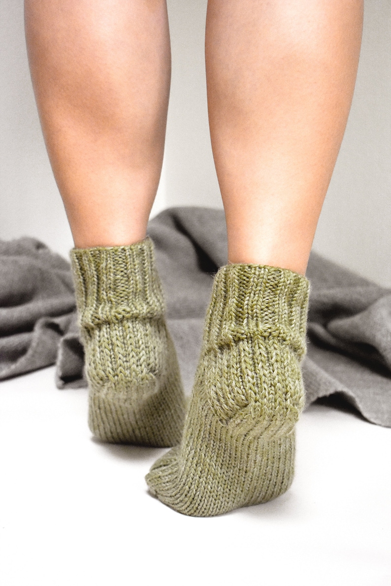 Slipper socks, Chunky cable socks, Hand knit bed socks, Low cut house socks, Women's wool socks, Knitted home slippers, Winter leg warmers image 6