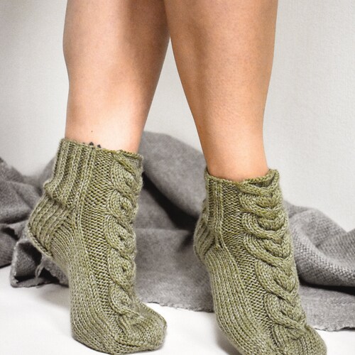 Slipper socks, Chunky cable socks, Hand knit bed socks, Low cut house socks, Women's wool socks, Knitted home slippers, Winter leg warmers