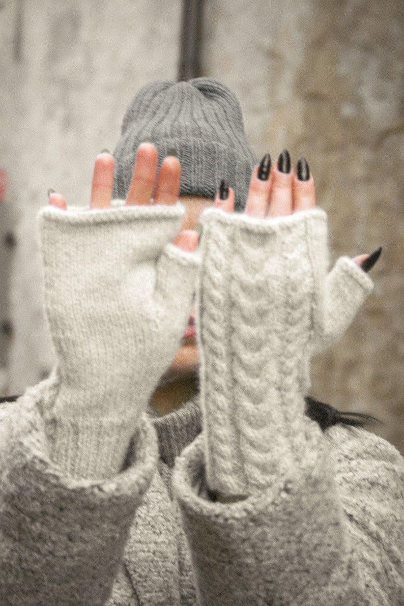 Gray hand knit woman fingerless wool gloves, Chunky alpaca winter hand warmers, Soft cable knitted gloves, Warm grey handmade fall gloves image 5