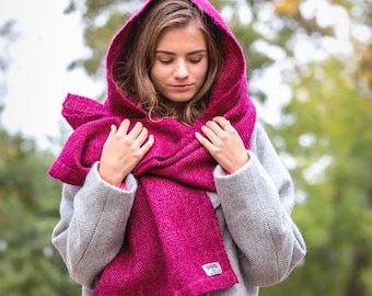 Oversized Mohair Wool & Silk Hand Loomed Winter Blanket Scarf in Fuchsia Pink