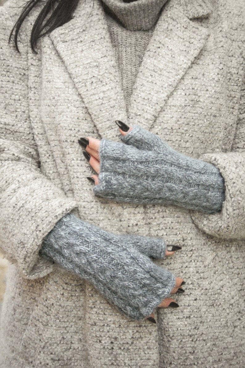 Women's Fingerless Gloves, Knitted Alpaca Mittens, Mohair Gloves, Cable Knit Hand Warmers, Chunky Wool Arm Warmers, Winter Wrist Warmers image 2