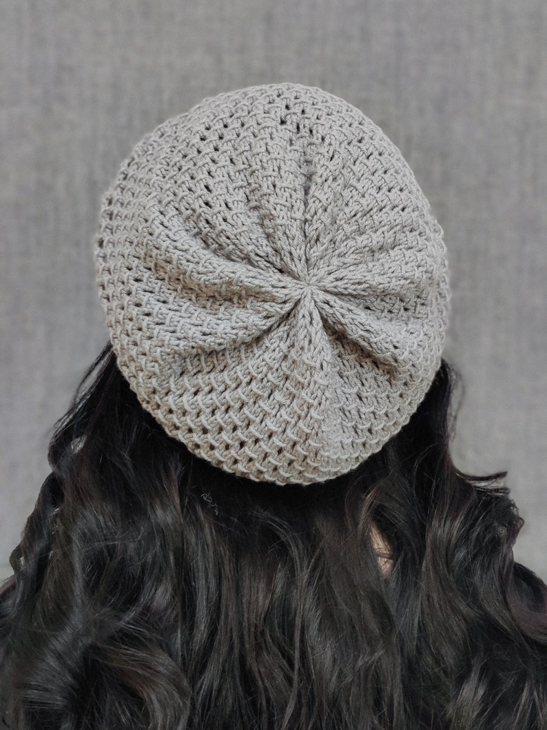 Lace knit merino wool cap women Big hand knitted summer tam cotton Soft baggy spring woolen toque Slouchy beanie Large grey boho hat