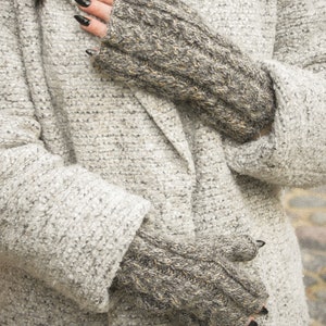 Gray beige alpaca fingerless gloves, Chunky cable knit hand warmers, Hand knitted women's winter mittens, Grey fall mohair wool arm warmers image 4