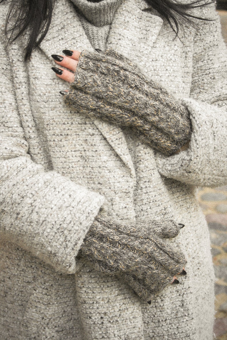 Gray beige alpaca fingerless gloves, Chunky cable knit hand warmers, Hand knitted women's winter mittens, Grey fall mohair wool arm warmers image 4