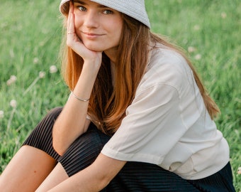 Hand Crocheted Mesh Bucket Hat - Breathable Women's Summer Beach Sun Cap, Wide Brim Cotton Outdoor Camping Adventure Hat in Light Gray