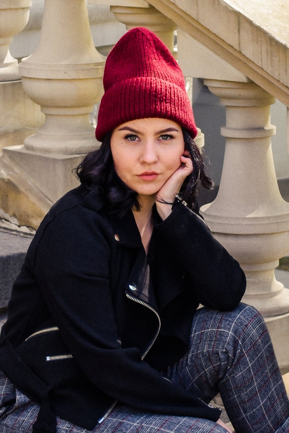 Cuffed Merino Beanie, Hand Knitted Beanie Women's, Classic Rib Knit Hat, Wool Hat Men's, Slouchy Fisherman's Beanie, Long Trawler Beanie