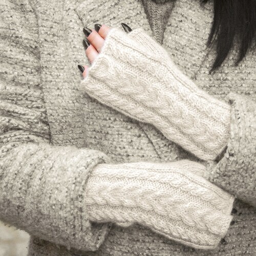Alpaca fingerless gloves, Hand knitted women's wool hand warmers, Soft chunky cable knit winter mittens, Warm woolen fall arm warmers