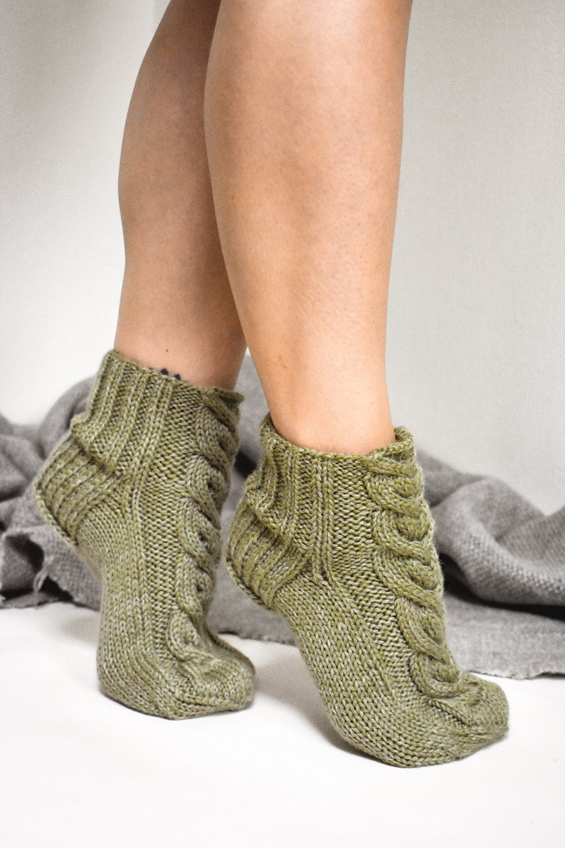 Slipper socks, Chunky cable socks, Hand knit bed socks, Low cut house socks, Women's wool socks, Knitted home slippers, Winter leg warmers image 5