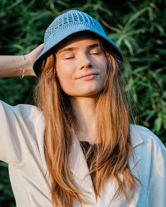 Crochet Brimmed Beach Cotton Summer Bucket Hat in Blue for Women Men,  Handmade Travel Sun Vacation Mesh Bucket Hat, Custom Size Available 