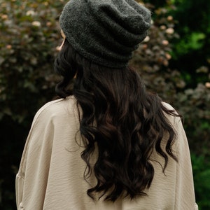 Dark grey alpaca wool beanie. Slouchy oversized beanie for women. Chunky knit hat. Cuffed men's summer, winter cap. Hand knitted beanie image 4