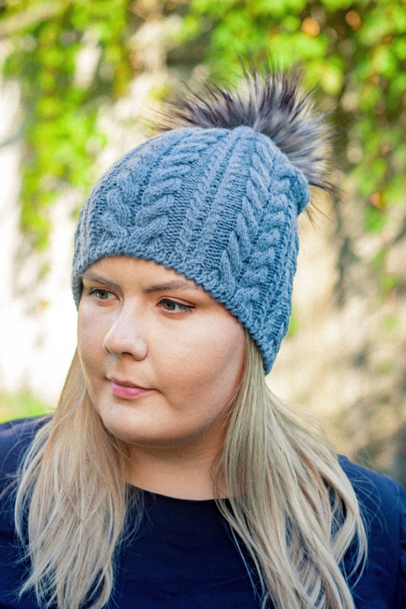 Pom pom hat, Cable knit pompom hat, Braided faux fur pom beanie, Chunky women's bobble hat, Slouchy alpaca wool hat, Hand knitted winter cap Jeans blue
