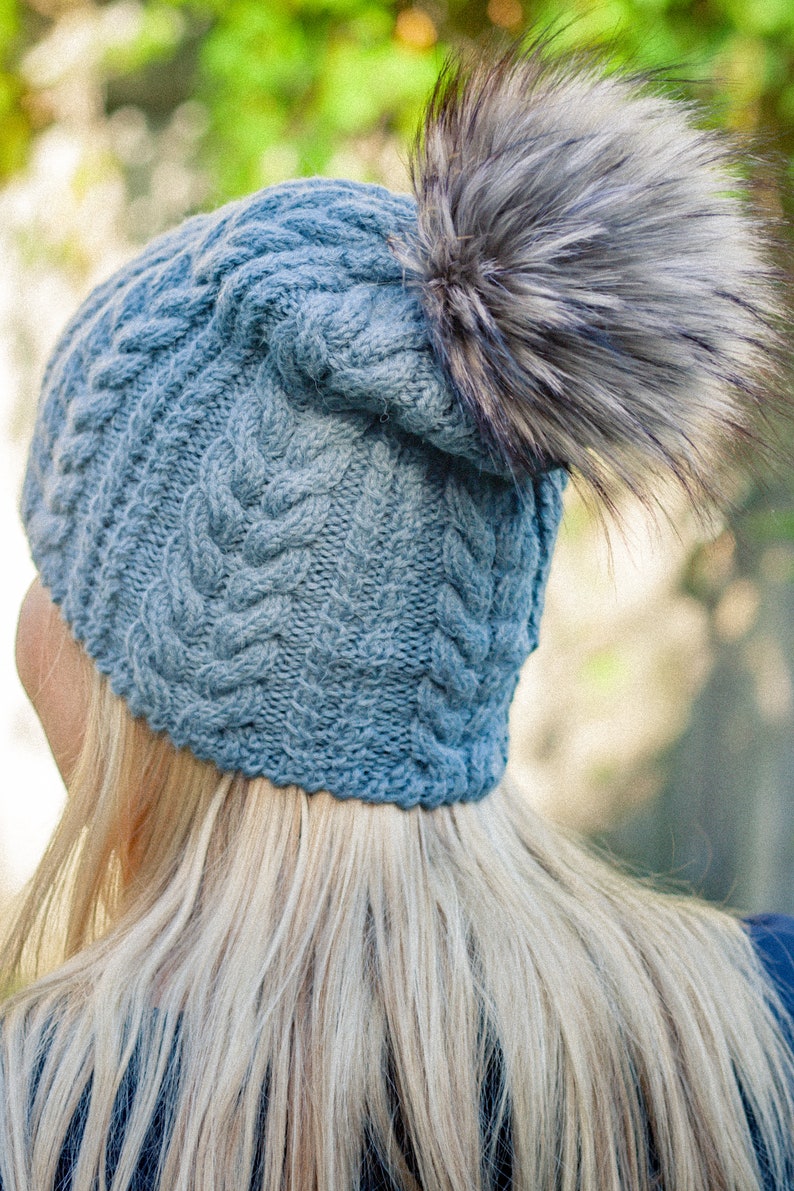 Pom pom hat, Cable knit pompom hat, Braided faux fur pom beanie, Chunky women's bobble hat, Slouchy alpaca wool hat, Hand knitted winter cap image 3