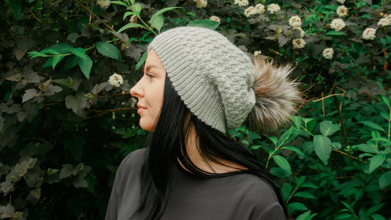 Pom pom hat, Oversized faux fur pom beanie, Baggy hand knit pompom hat, Slouchy women's hat, Gray knitted alpaca wool hat, Chunky winter cap image 5