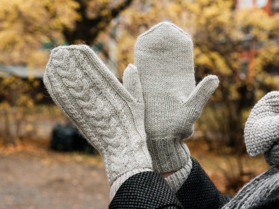 Grey Wool Mittens White Mittens Women's Knit Cable - Etsy