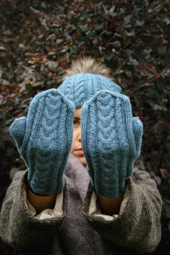 Alpaca Mittens Blue Cable Knitted Chunky Women Winter Wool - Etsy