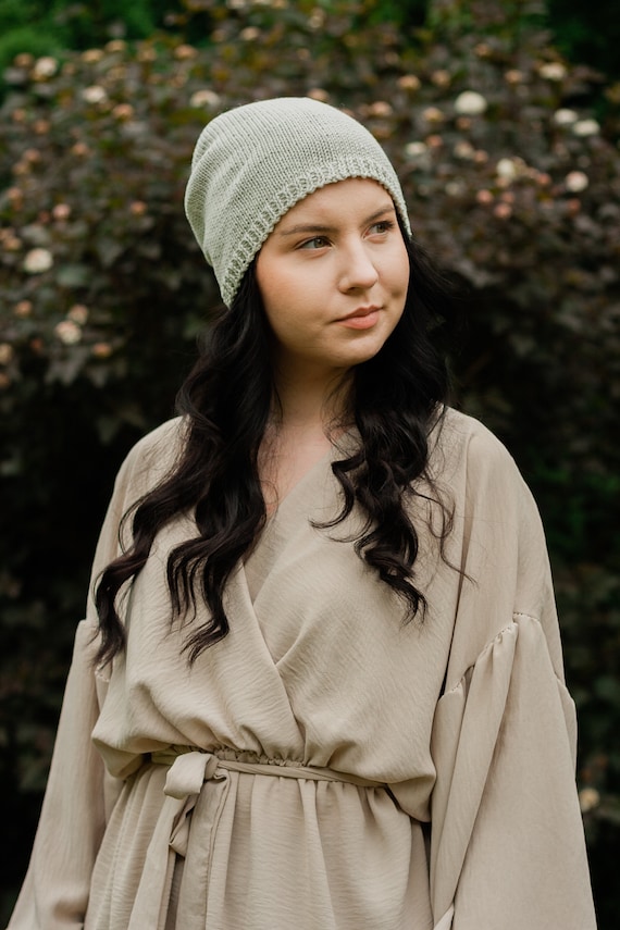 Lightweight, breathable cotton beanie. Slouchy grey hand knitted beanie for women, men. Gray thin knit spring, summer, fall hat