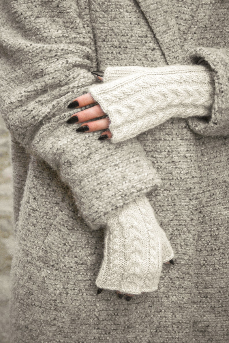 Gray hand knit woman fingerless wool gloves, Chunky alpaca winter hand warmers, Soft cable knitted gloves, Warm grey handmade fall gloves image 6