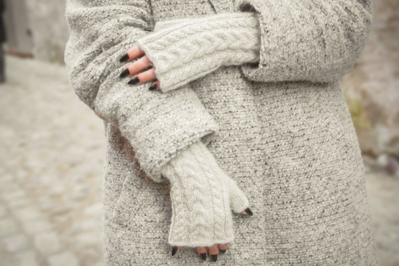 Gray hand knit woman fingerless wool gloves, Chunky alpaca winter hand warmers, Soft cable knitted gloves, Warm grey handmade fall gloves image 1