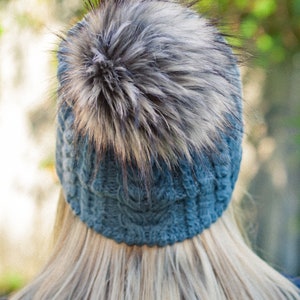 Pom pom hat, Cable knit pompom hat, Braided faux fur pom beanie, Chunky women's bobble hat, Slouchy alpaca wool hat, Hand knitted winter cap image 4